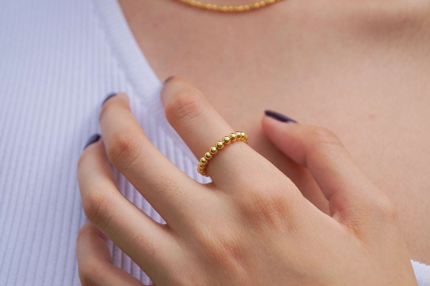 anillo ajustable de bolitas waterproof enchapado en oro en plata ley puesto