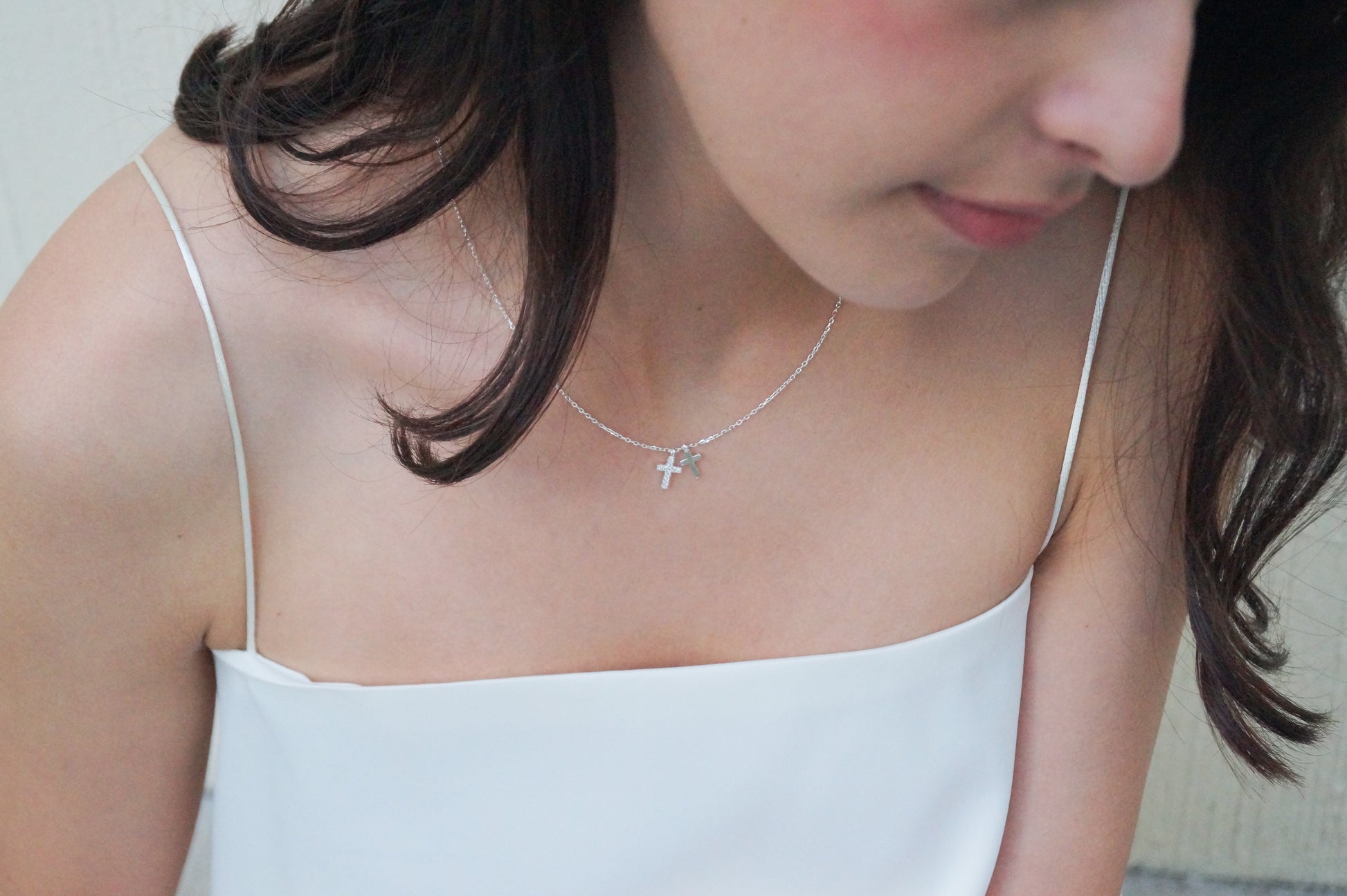 collar cruz doble con zirconias plata ley puesto 